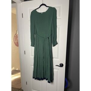 Baltic born  long sleeve Dark Green Crepe Midi Dress belt navy trim 1x